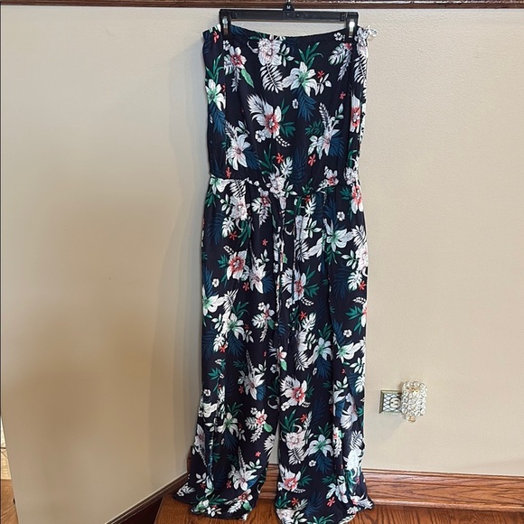 Women’s tropical strapless high slit wide leg jumpsuit rayon draw string waist L - Picture 1 of 10